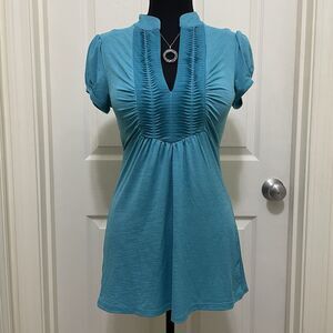 Three Pink Hearts Turquoise Babydoll Blouse Ruched Pleated V-Neck Women's Medium